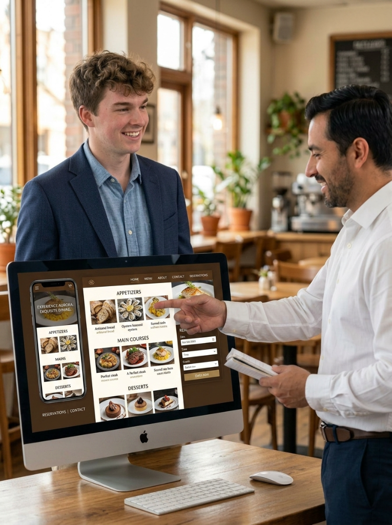 Brayden Igoe presenting a finished website to a restaurant client